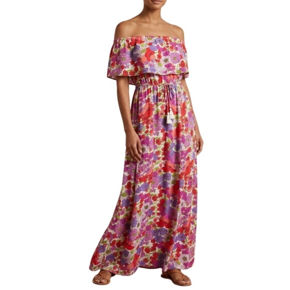 Japna Maxi Dress Womens L Pink Floral Off Shoulder Tassel Boho Cottagecore